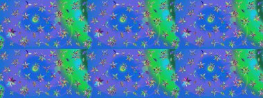 Varicoloblue ve yeşil raster çizimi. Küçük çiçekteki sevimli çiçek deseni. Birçok mavi ve yeşil soyut çiçekli tropikal çizim deseni.