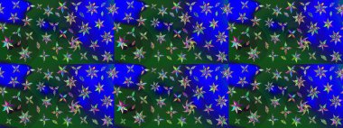 Yumuşak, bahar çiçekleri mavi ve yeşil renklerde. Raster illüstrasyonu. Çiçekli yumuşak bir eskiz şekli. Raster çiçekleri klasik tarzda resmedilir..