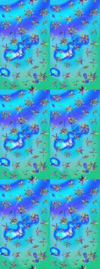 Mavi ve yeşil renkte şirin çiçekler. Moda baskısı, albüm, ambalaj kağıdı ve duvar kağıdı için zarif dekoratif süslemeler. Küçük çiçekli basit bir çiçek çizimi. Raster illüstrasyonu.