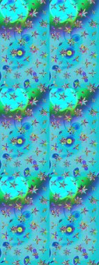 Suluboya çizimi. El çizimi. Çiçekli eskiz deseni. Mavi ve yeşil renkte çiçekler.