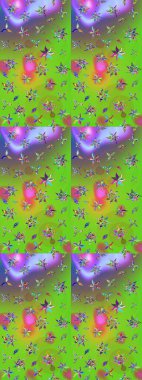 Yeşil ve menekşe rengi çiçekli çizim deseni. Çiçekler suluboya tarzında yeşil ve mor renkte.