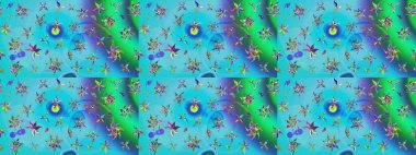 Düz Çiçek Elementleri Tasarımı. Mavi ve yeşil renkli çiçekler. Renkli Bahar Teması eskiz kalıbı. Sevimli çiçek raster deseni.