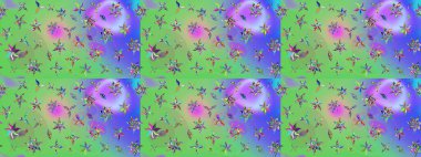 Elle çizilmiş çiçek desenli Raster çizimi. Çocuksu tasarım. Tekstil, kumaş, ambalaj, hatıra defteri için hoş bir çiçek arkaplanı. Yeşil ve mor arka planda.