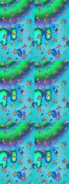 Gömlek baskısı için çiçek boyası. Mavi ve yeşil renkli çiçekler. Çiçek eskiz kalıbı geçmişi.