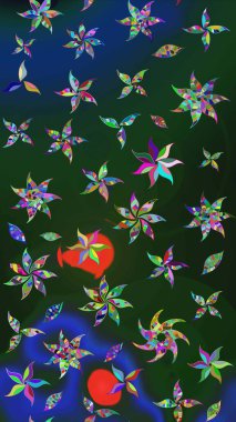 Raster illüstrasyonu. Yumuşak, yaz çiçekleri mavi ve yeşil renklerde. Raster deseni. Küçük çiçekte sevimli çiçek deseni var..