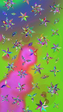 Düz Çiçek Elementleri Tasarımı. Yeşil ve mor renkli çiçekler. Sevimli çiçek raster deseni. Renkli Bahar Teması çizim şablonu.