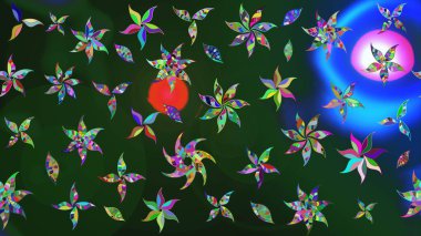 El çizimi çiçek unsurları olan soyut çizim raster deseni. Retro tekstil tasarım koleksiyonu. Çiçekli ipek eşarp. Mavi ve yeşile mavi ve yeşil. 1950 'ler-1960' lar motifleri.