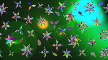 Yeşil ve mavi renkte çiçekler. Düz Çiçek Elementleri Tasarımı. Renkli Bahar Teması eskiz kalıbı. Sevimli çiçek raster deseni.