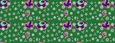 Çiçek ve yapraklı çiçek deseni. Raster illüstrasyonu. Küçük çiçekli şirin desen.