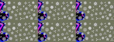 Küçük çiçekteki sevimli çiçek deseni. Bir sürü yeşil ve siyah soyut çiçekli tropik eskiz deseni. Varicologreen ve siyah raster çizimi.