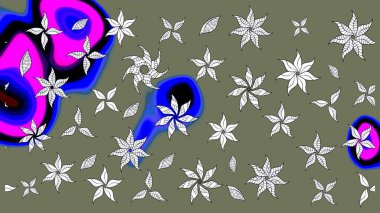 Yeşil ve mavi renklerde. Raster illüstrasyonu. 3D çiçekler, çizim.