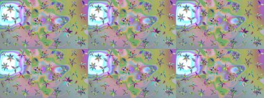 Modern çiçek arkaplanı. Moda baskıları için zarif bir şablon. Halk tarzı. Rengarenk çiçekleri ve yaprakları tarafsız ve mavi renklerde olan inanılmaz bir çiçek deseni..