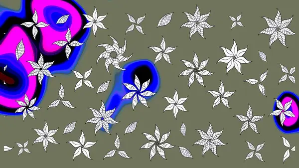 Yeşil ve mavi renklerde. Raster illüstrasyonu. 3D çiçekler, çizim.