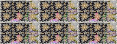 Senin tasarımın için, duvar kağıdı. Raster geometrik arka plan. Altın rengi, kusursuz çizim. Gri ve nötr renklerde altın desenli altın çiçekli elementler.