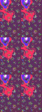 Yumuşak, bahar çiçekleri mor ve pembe renklerde. Çiçekli karalama şeklinde Raster çiçek deseni. Raster illüstrasyonu.