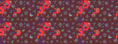 Raster çiçek desenli çiçek deseni, yapraklar, dekoratif elementler, sıçrama, lekeler, el çizimi kontur çizgileri ve Doodle çizim stili, grafik raster çizim çizimi.