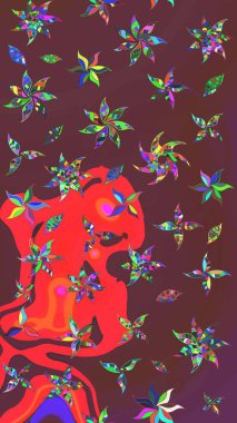 Manzaralı çiçek deseni. Çiçek kompozisyonu, el boyası, hassas şablon. Sevgililer günü ve tebrik kartı konsepti için şık bir davetiye. Üst görünüm, yumuşak kahverengi ve kırmızı renk.