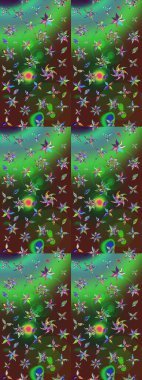 Raster Çiçek İllüstrasyonu güzel tekstil. Yeşil ve kahverengi renkli etnik çiçeklerle zarif eskiz deseni.