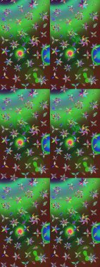 Şatafatlı bahar bahçesi dokusu. Çiçek deseni. Raster illüstrasyonu. Yeşil ve kahverengi renkte çiçek çizimi. Yeşil ve kahverengi renkte çiçekler.