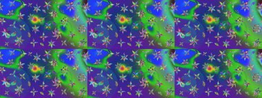 Raster illüstrasyonundaki çiçek desenli çizim. Suluboya tarzında mavi ve yeşil renkte çiçekler.