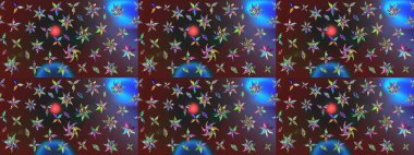 Eskiz arkaplan modeli. Yapraklı çiçekler ve mor ve kahverengi renkli papatya çiçekleri. Raster - stok.