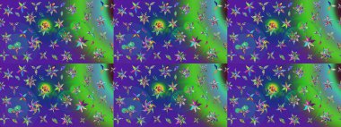 Yumuşak, bahar çiçekleri yeşil ve mavi renklerde. Raster illüstrasyonu. Çiçek ve yapraklı karalama şeklinde Raster çiçek deseni.