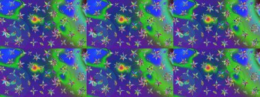 Raster illüstrasyonundaki çiçek desenli çizim. Suluboya tarzında mavi ve yeşil renkte çiçekler.