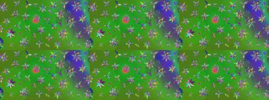 Yeşil ve mor renklerde. 3D çiçekler, eskiz. Raster illüstrasyonu.