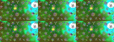 Çok yeşil ve mavi zarif küçük çiçekler ve yeşil ve mavi renkli komik böcekler, raster desen, illüstrasyon.