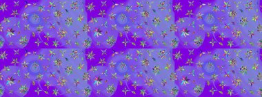 Çiçek buketleriyle klasik bir eskiz şekli. Raster illüstrasyonu. Mor ve mavi renklerde.