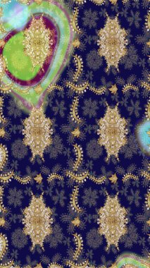 Altın elementlerle mavi renklerde altın desen. Klasik altın desenli çizim. Raster geleneksel oryantasyon süsü.