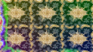 Kına dövmeli süs çiçekleri, altın çıkartmalar, mehndi ve yoga tasarımı, kartlar ve parmak izleri. Raster golden mehndi. Yeşil renkte desen.