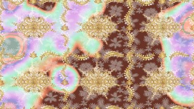 Klasik altın desenli eskiz. Raster illüstrasyonu. Tekrarlayan elementlerle soyut arkaplan oluşturun. Altın elementli nötr renkler üzerine altın çizim deseni.