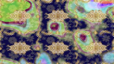 Tasarım şablonu için çizgi çizimi sınırı. Davetiyeler, kartlar, web sayfası için Raster illüstrasyon. Altın desenli çiçek dekoru. Tarafsız renklerde altın element. Doğu tarzı ögesi.