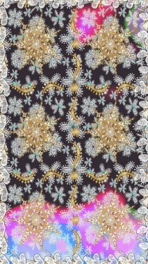 Raster illüstrasyonu. Süslü dekorasyon. Damask altın soyut çiçek gri renklerde pürüzsüz desen.