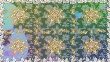 Süslü raster dekorasyonu. Lüks, kraliyet ve Viktorya dönemi konsepti. Yeşil renklerdeki altın element. Klasik barok çiçekli desenli altın sarısı yeşil.