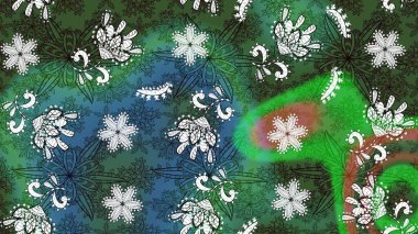 Raster Çiçek İllüstrasyonu 'nun şirin tekstili. Yeşil ve mavi renkli etnik çiçeklerle zarif bir eskiz deseni.