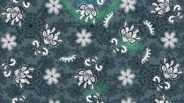 Çiçekli ipek eşarp. El çizimi çiçek unsurları olan soyut çizim raster deseni. 1950-1960 motifleri. Yeşil ve mavi, yeşil ve maviye. Retro tekstil tasarım koleksiyonu.