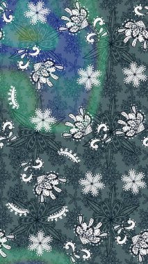 Yeşil ve mavi renkte çiçekler. Raster illüstrasyonu. El çizimi çiçekli soyut çizim deseni.