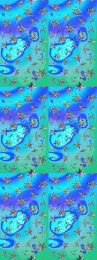 Parmak izi, kumaş, duvar kâğıdı, tekstil için raster dokusu. Renkli grunge, soyut arkaplanı kolomavi ve yeşil çiçeklerle süslüyor. Nakış desenli çiçek deseni..