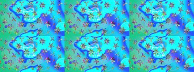 Raster illüstrasyonu. Taslak dekoratif arka plan, çiçek mandala. Çiçek. Mavi ve yeşil renklerde.