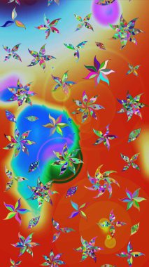 Kabile sanatı boho baskısı, klasik çiçek arkaplanı. Soyut etnik raster çizim kalıbı. Arkaplan dokusu, duvar kağıdı, turuncu ve mavi renkli çiçek teması.