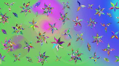 3D çiçekler, eskiz. Yeşil ve mor renklerde. Raster illüstrasyonu.