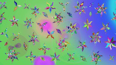 Çiçek desenli çizim. Asya tekstil tarzında. Raster illüstrasyonu. Raster illüstrasyonu. Yeşil ve mavi renkte çiçekler.