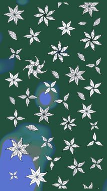 Raster illüstrasyonu. Yeşil ve mavi renkli Asya tekstili. Çiçek desenini çiz.