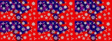 Çiçekli karalama şeklinde Raster çiçek deseni. Kırmızı ve mavi renkte çiçekler. Yumuşak, yaz çiçekli arka plan.