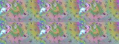 Hint süsü. Çizim kalıbı. Çiçek duvar kağıdı. Tarafsız ve yeşil renklerde. Raster illüstrasyonu. Renkli süs kenarı.