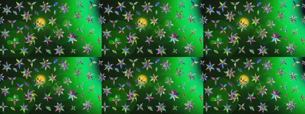 Çiçek duvar kâğıdı. Çiçek arkaplan. Raster illüstrasyonu. Yeşil ve gri renkli şirin tekstil tarzında. Renkli çizim deseni.