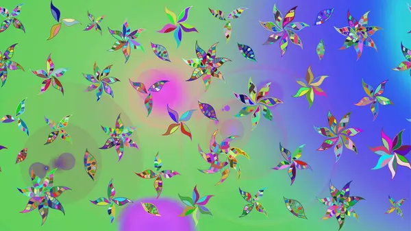 Çiçek desenli çizim. Asya tekstil tarzında. Raster illüstrasyonu. Raster illüstrasyonu. Yeşil ve mavi renkte çiçekler.