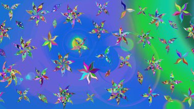 Raster illüstrasyonundaki çiçek desenli çizim. Mavi ve yeşil renkte çiçekler.